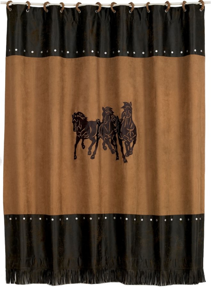 Premium Shower Curtain Faux Leather with 3-Embroidered Horses - Click Image to Close