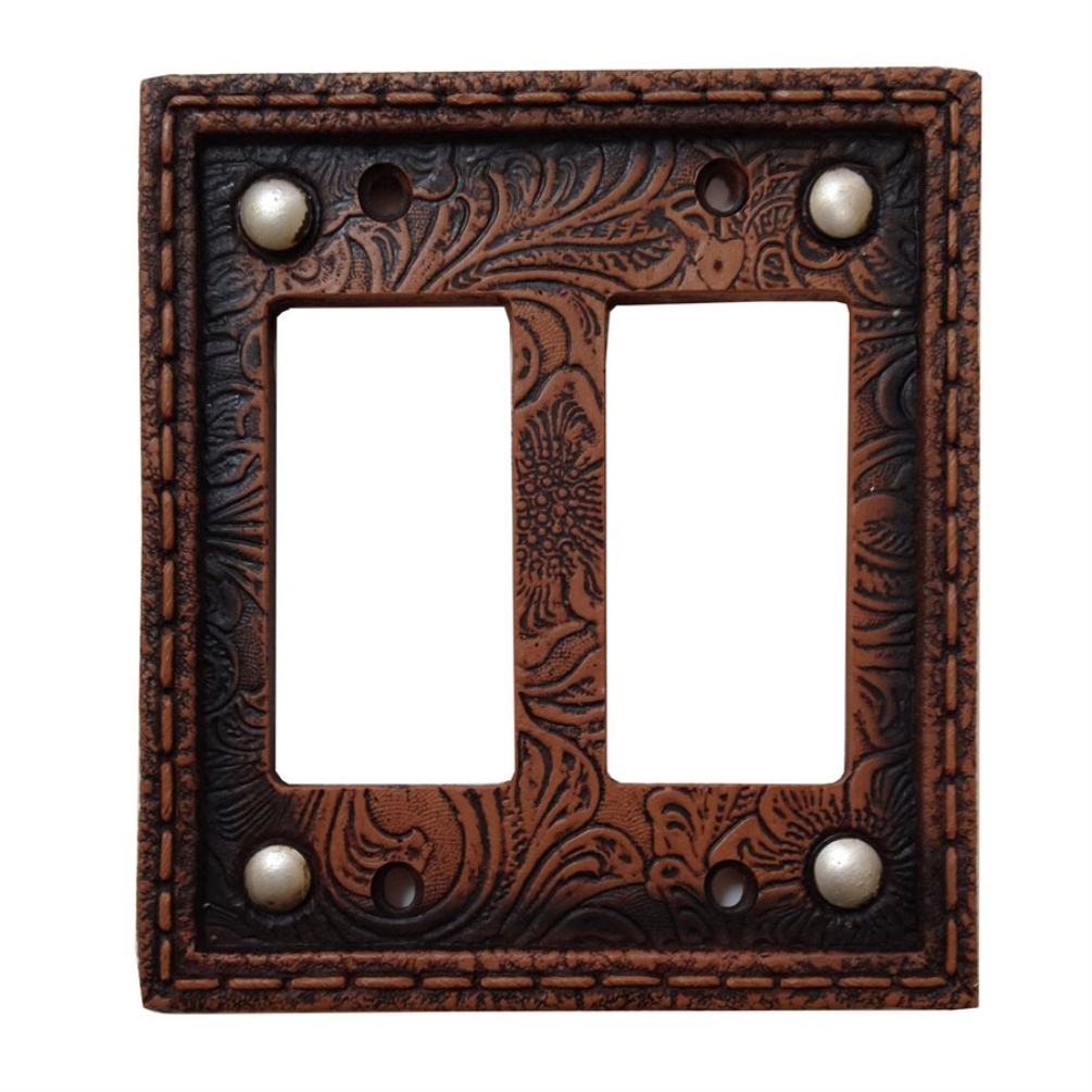 Tooled Leather with Rivets Resin Double Rocker Switch Cover - Click Image to Close