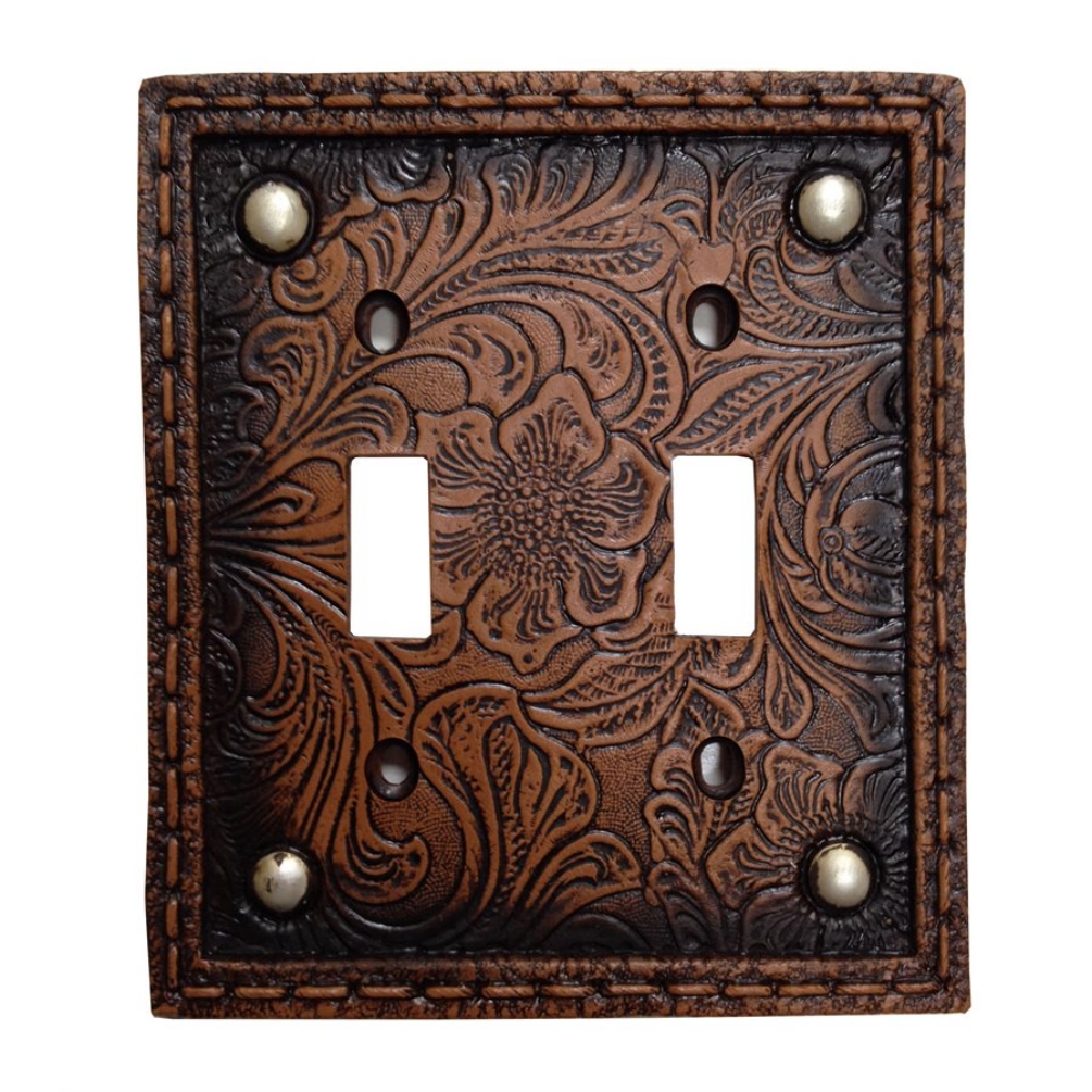 Tooled Leather Look with Rivets Resin Double Light Switch Cover - Click Image to Close