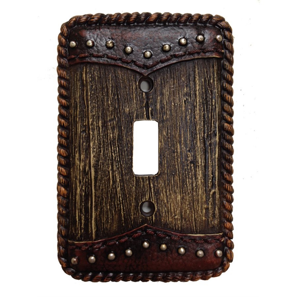 Barnwood and Leather Resin Single Switch Cover Plate - Click Image to Close