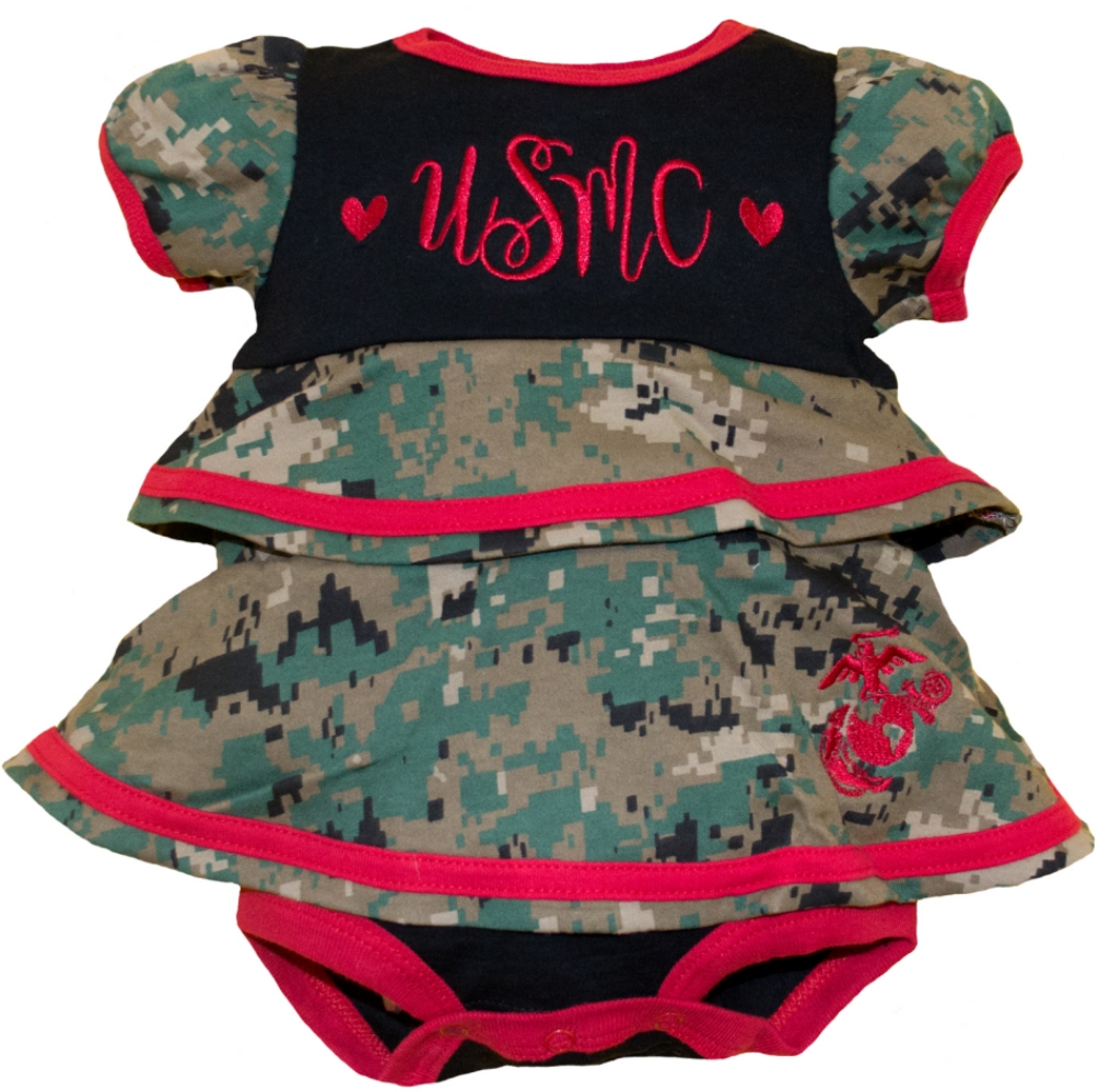 Baby Girl Ruffle Dress U.S.M.C. Camo with Blue Accents - Click Image to Close