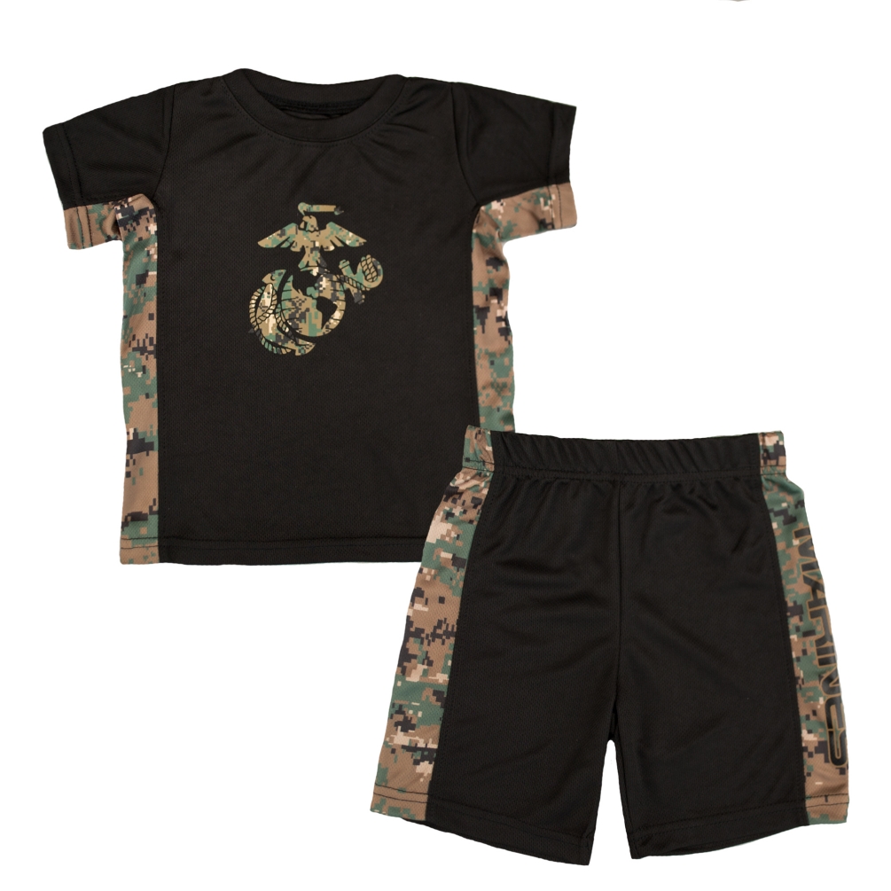 Toddler U.S. Marine Corps Logo Woodland Camo Shorts & Shirt Set - Click Image to Close