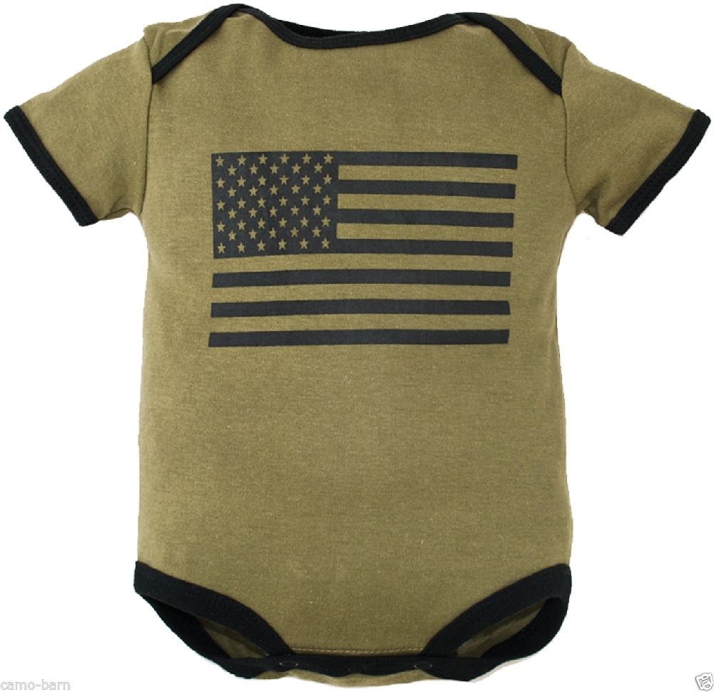 Baby Bodysuit Olive Drab Green with American Flag - Click Image to Close