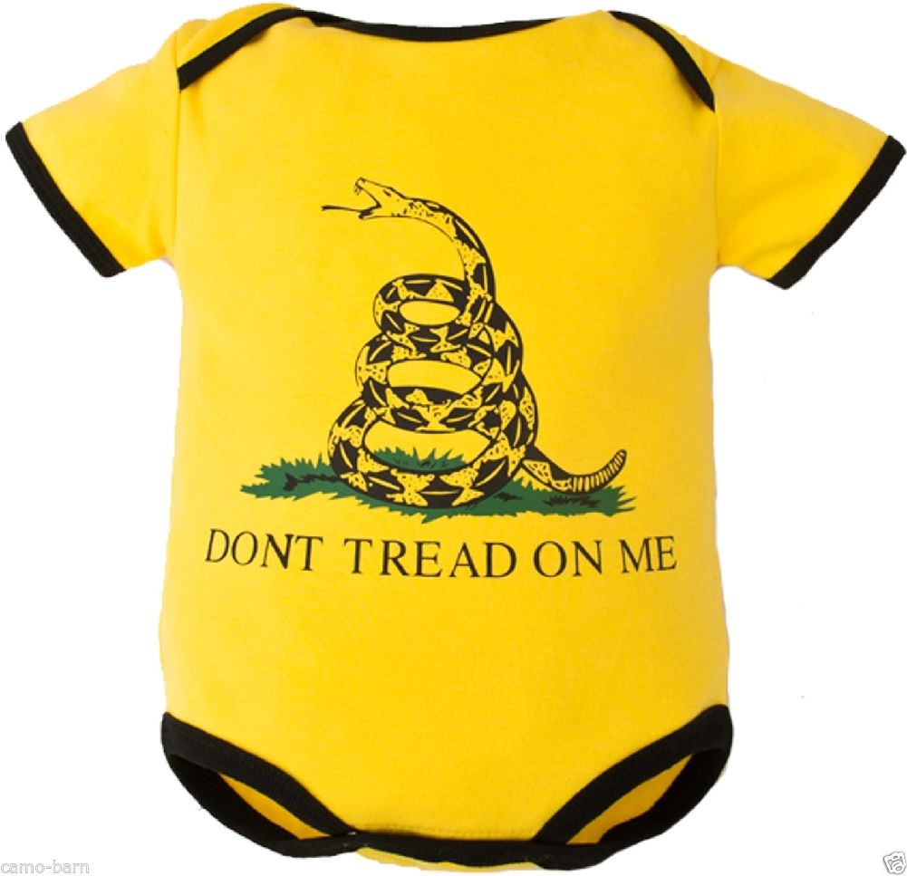 Baby Bodysuit Yellow "Don’t Tread on Me" with Gadsden Flag - Click Image to Close